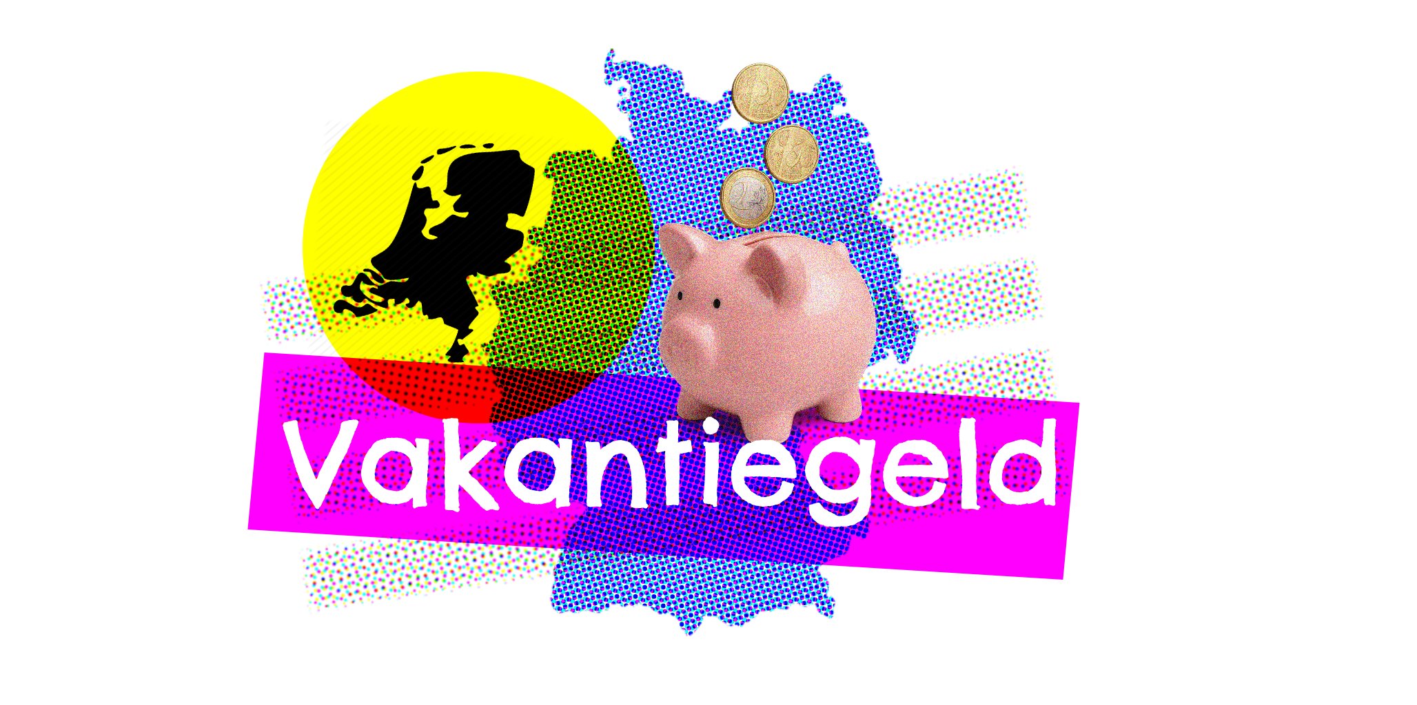 illustratie in velle kleuren met een collage van een spaarvarken en vakantiegeld Duitsland vs. Nederland